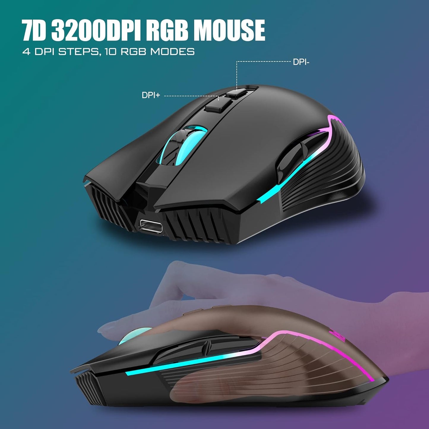 K10 Wireless Gaming Keyboard and Mouse Combo, RGB Backlit Rechargeable 3800Mah Battery, Mechanical Feel Anti-Ghosting Keyboard with Pudding Keycaps + 7D 3200DPI Mice for PC Gamer (Black)