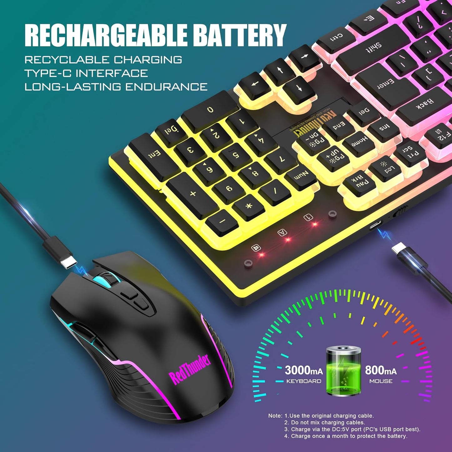 K10 Wireless Gaming Keyboard and Mouse Combo, RGB Backlit Rechargeable 3800Mah Battery, Mechanical Feel Anti-Ghosting Keyboard with Pudding Keycaps + 7D 3200DPI Mice for PC Gamer (Black)