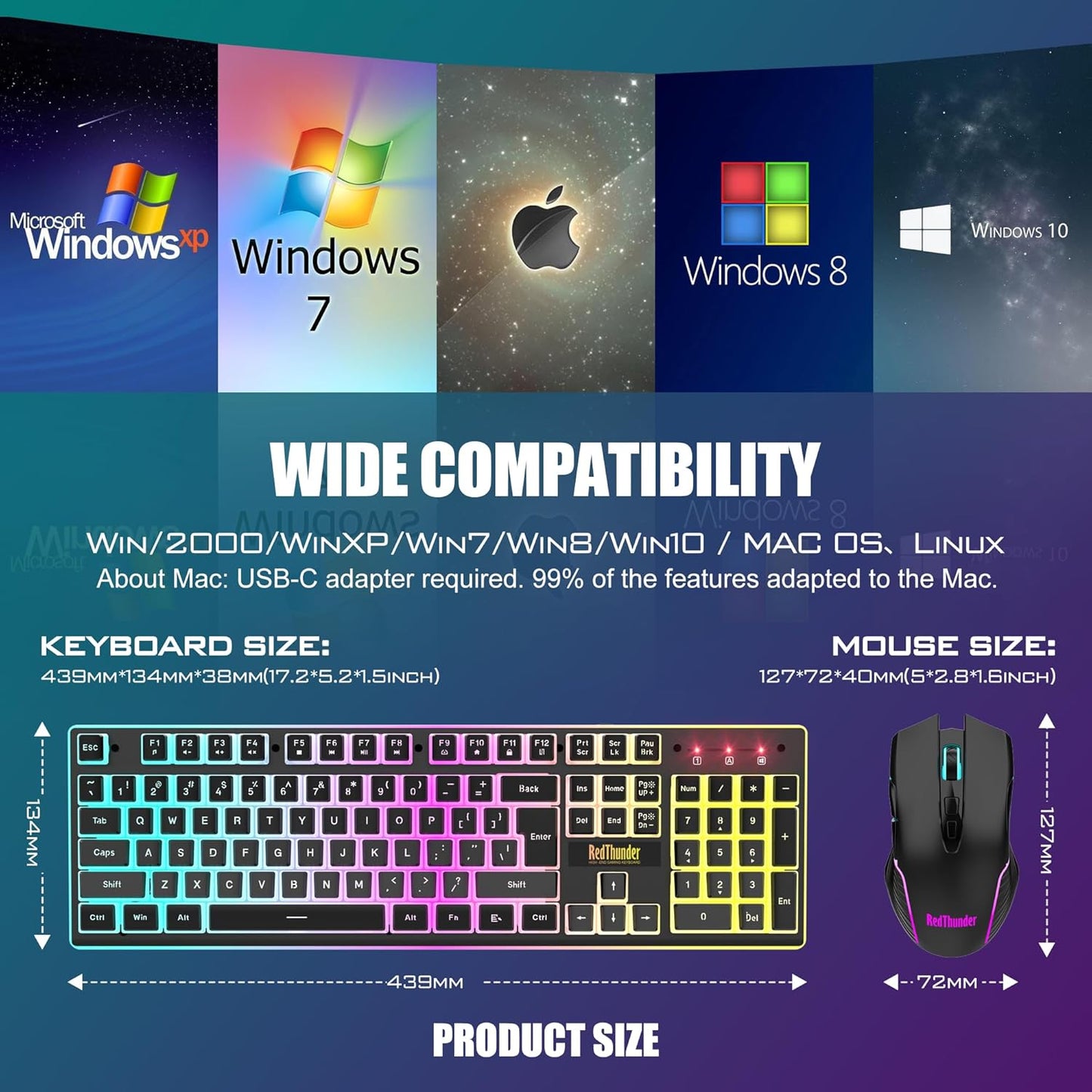 K10 Wireless Gaming Keyboard and Mouse Combo, RGB Backlit Rechargeable 3800Mah Battery, Mechanical Feel Anti-Ghosting Keyboard with Pudding Keycaps + 7D 3200DPI Mice for PC Gamer (Black)