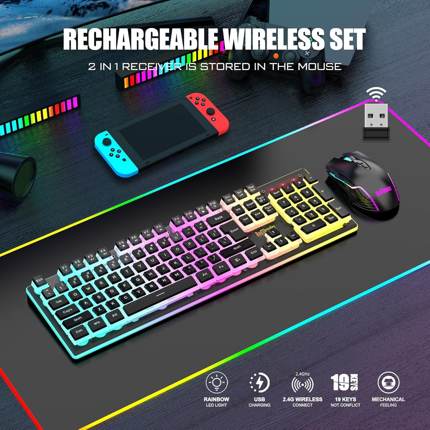 K10 Wireless Gaming Keyboard and Mouse Combo, RGB Backlit Rechargeable 3800Mah Battery, Mechanical Feel Anti-Ghosting Keyboard with Pudding Keycaps + 7D 3200DPI Mice for PC Gamer (Black)