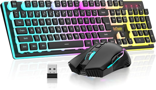 K10 Wireless Gaming Keyboard and Mouse Combo, RGB Backlit Rechargeable 3800Mah Battery, Mechanical Feel Anti-Ghosting Keyboard with Pudding Keycaps + 7D 3200DPI Mice for PC Gamer (Black)