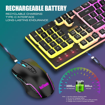K10 Wireless Gaming Keyboard and Mouse Combo, RGB Backlit Rechargeable 3800Mah Battery, Mechanical Feel Anti-Ghosting Keyboard with Pudding Keycaps + 7D 3200DPI Mice for PC Gamer (Black)