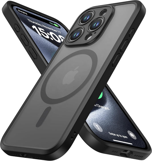 Magnetic Guard Designed for Iphone 15 Pro Case [Camera Protection] [Military Grade Drop Tested] [Compatible with Magsafe] Slim Translucent Matte Phone Case (6.1") - Black