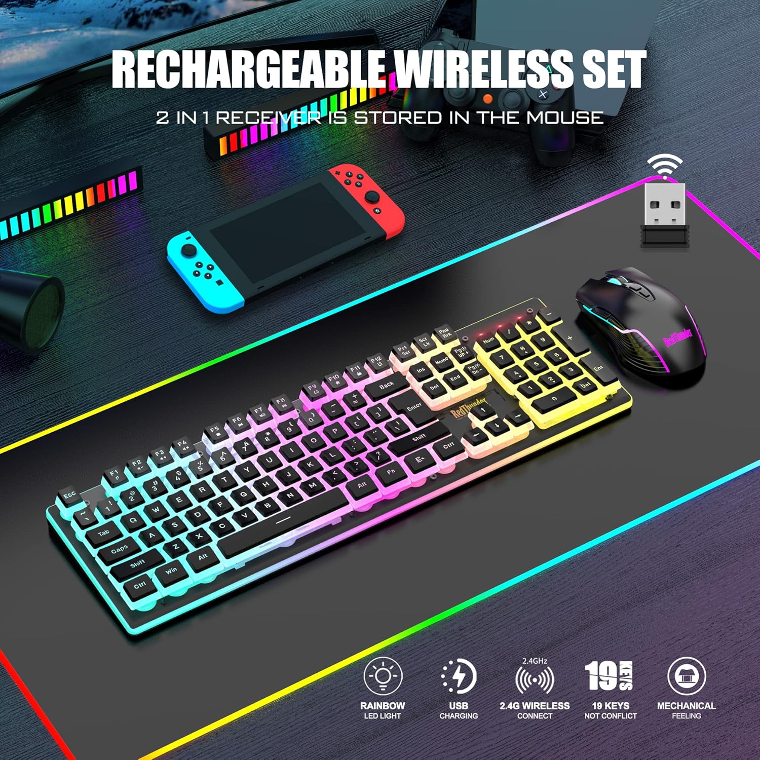 K10 Wireless Gaming Keyboard and Mouse Combo, RGB Backlit Rechargeable 3800Mah Battery, Mechanical Feel Anti-Ghosting Keyboard with Pudding Keycaps + 7D 3200DPI Mice for PC Gamer (Black)
