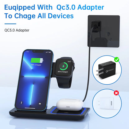 Wireless Charger,  18W Fast Iphone Charging Station Compatible with Iphone 16E/15/14/13/12/11/Pro Max/Plus, 3 in 1 Wireless Charging Stand for Iwatch SE 10/9/8/7/6/5/4/3, Airpods Pro/3/2