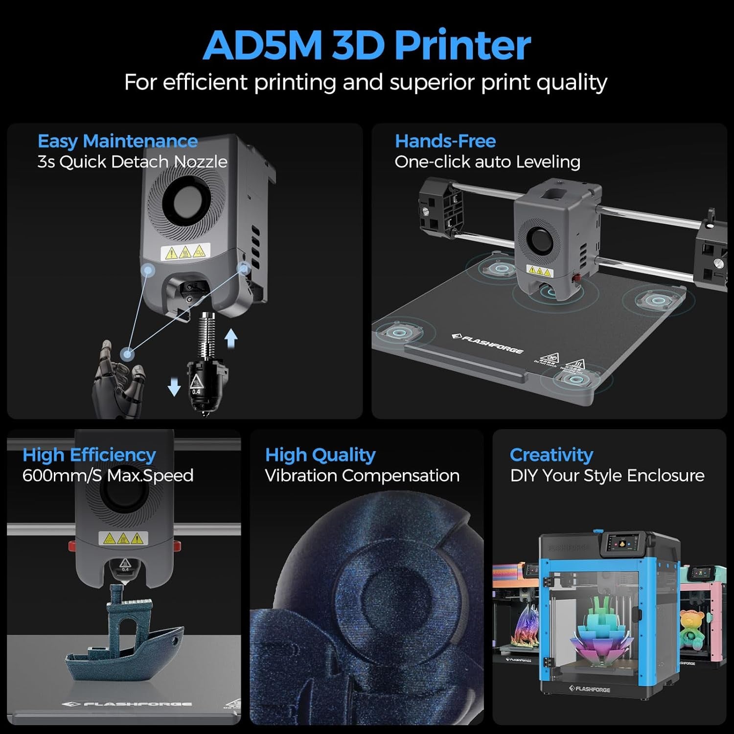Adventurer 5M 3D Printer, Fully Auto Leveling & 600Mm/S High Speed Printing, Black